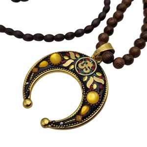 Boho Wood Bead Gold Pendant Necklace